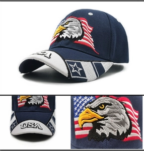 Detailed embroidery of US eagle and flag on a navy cotton baseball cap with USA brim text