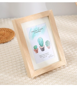 Detail of 4x6 inch minimalist solid wood photo frame with cactus art and white matting
