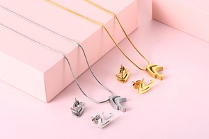Detail view of titanium steel geometric jewelry set with necklace and stud earrings