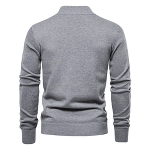 Back view of high-quality men's grey knit sweater with ribbed cuffs and stand-up collar
