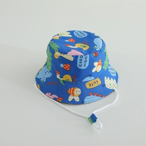 Detail of blue children bucket hat with cartoon prints and adjustable windproof rope