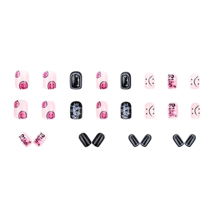 Short press-on nail kit with colorful smiley faces and graffiti art in pink and black