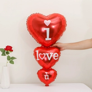 Three-tier red heart foil balloon with I Love U print for wedding and room decoration