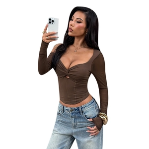 Dark brown slim fit long sleeve top with a sweetheart neckline and stylish knot detail