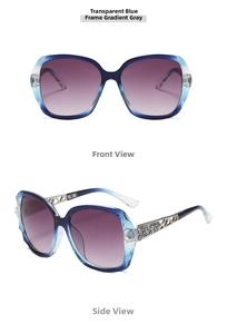 Detailsicht der transparent blauen Übergroße Sonnenbrille mit Strass-Hohlbügeln