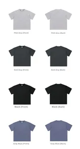 Front and back views of oversize cotton t-shirts in pitch gray, dark gray, black, and blue