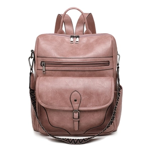 Pink PU leather backpack with geometric strap and multiple zipper pockets for women
