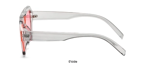 Side view of trendy transparent double-bridge sunglasses with reddish-pink lenses
