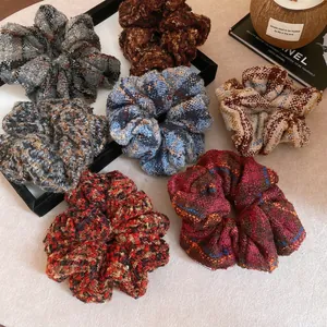 Chouchou En Tweed À Carreaux Surdimensionné En Laine Tricotée Élégant Vintage Français Automne Hiver Accessoire Cheveux Élastique Femmes