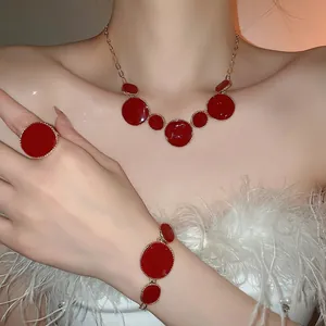 Collier Bracelet Et Bague En Émail Géométrique Rétro Alliage Pendentif Doré Style Vintage Accessoires Bijoux Pour Femmes