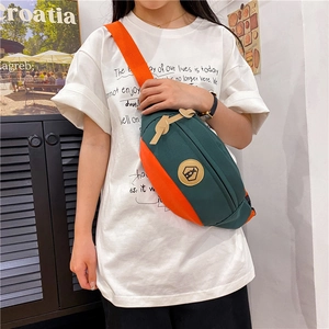 Women fashion crossbody chest bag in dark green and orange color-block canvas