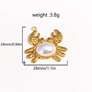 Golden crab pendant with large white pearl, size 24mm by 28mm, stainless steel jewelry