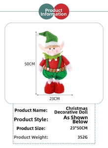 Detailed size specifications for red and green plush Christmas elf doll 23x50cm