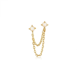 Detail of s925 gold double-piercing chain earrings with white opal stones