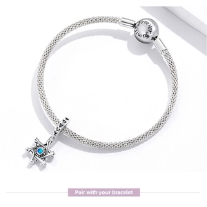 Detail of S925 silver mesh bracelet featuring Forever Family clasp and blue star charm