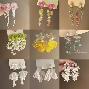 Orecchini Nappe Fiori Perno Argento Sterling 925 Petalo Tessuto Imitazione Perla Artificial Cristallo Zircone Elegante Vacanze Gioielli Donna