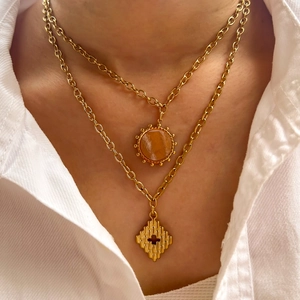 Vintage 14K Gold Plated Titanium Steel Sunstone Necklace European Ins Style Geometric Round Rhombic Pendant Necklaces Women Jewelry