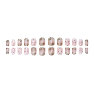 Press-on nails featuring pink floral designs and gold glitter accents on a white background