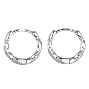 Minimalist silver twist hoop earrings with a spiral Möbius design on white background