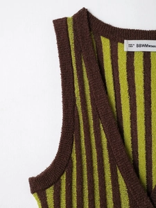 Detail view of the ribbed knit neckline with vertical brown and lime green stripes