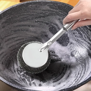 Kitchen Cleaning Brush With Stainless Steel Long Handle Durable Steel Wire Scouring Ball For Pot Pan And Dish Washing