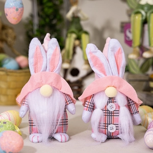 Pink plaid Easter bunny gnomes decorations with rabbit ears and plush details