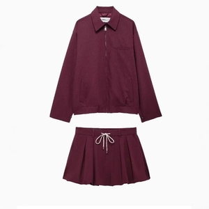 Women's dark red two-piece set featuring lapel zipper short jacket and pleated mini skirt