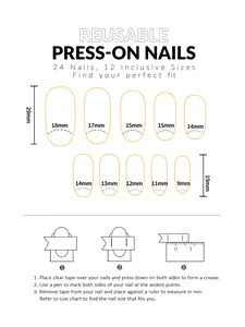 Size guide for reusable press-on nails set with 24 pieces in 12 various dimensions