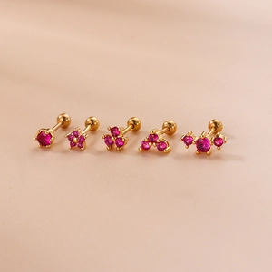 Golden flower crown stud earrings with rose red zircon and stainless steel screw back