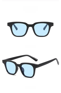 Front and side views of stylish black frame sunglasses with light blue lenses