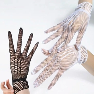Close-up of white and black fishnet mesh gloves showing elastic texture and fit