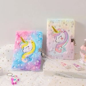 Plush unicorn diary notebooks with secure metal lock and colorful tie-dye faux fur covers