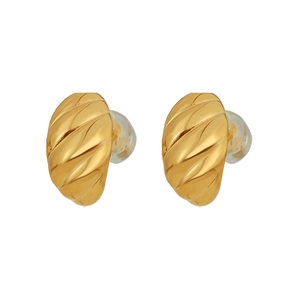Golden horn-shaped twisted hoop earrings with a metallic finish on white background