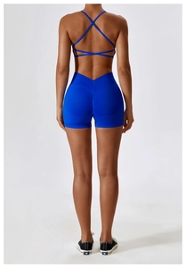 Vue arrière du short de yoga bleu taille haute avec design galbant et effet push-up