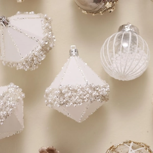 Luxurious champagne white Christmas ball ornaments with silver sequins and bead details