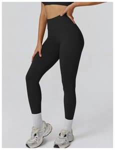 Detailed view of high waisted seamless leggings with wide waistband for tummy control