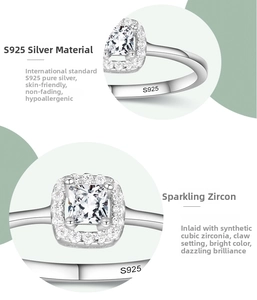 Detail of S925 sterling silver ring featuring a 1-carat square-cut cubic zirconia stone