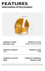 Detail specifications of golden geometric lava ring with 1.2cm width and 4.5g weight