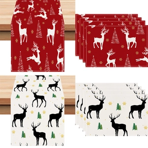 Christmas table runner and placemat set with red elk and snowflake patterns for home decor
