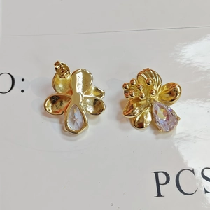 Luxurious gold-plated flower stud earrings with micro-set zircon crystals and butterfly backs