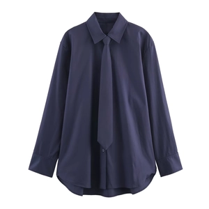 Women Long Sleeve Poplin Shirt With Matching Tie Point Collar Solid Color Elegant Casual Blouse Navy Blue