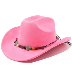 Detail of pink faux suede fedora hat with bohemian stone beads and braided trim
