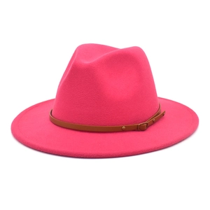 Detail of fuchsia wool jazz hat featuring a slim brown leather belt with metal buckle