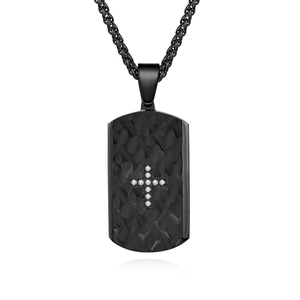 Black titanium steel dog tag necklace with textured diamond-set cross and woven chain