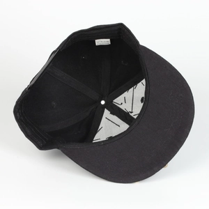 Interior view of black flat brim hip hop hat with white inner print and sweatband details