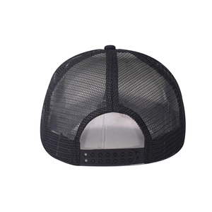 Close-up of black mesh trucker hat back with adjustable snapback strap and breathable net