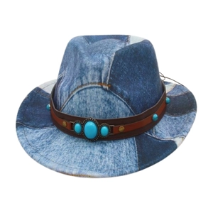 Kids vintage denim patchwork fedora with turquoise leather band for sun protection