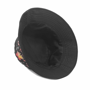 Unisex black bucket hat with colorful Christmas bell and candy cane holiday prints