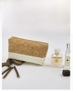 Detail of eco-friendly cork and cotton canvas toiletry bag with zipper closure
