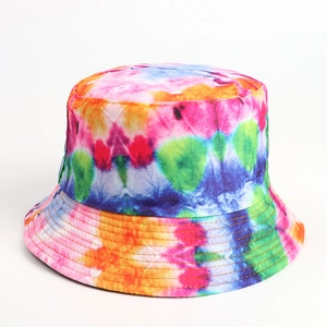 Detailed view of colorful tie-dye bucket hat with parallel stitching on the brim